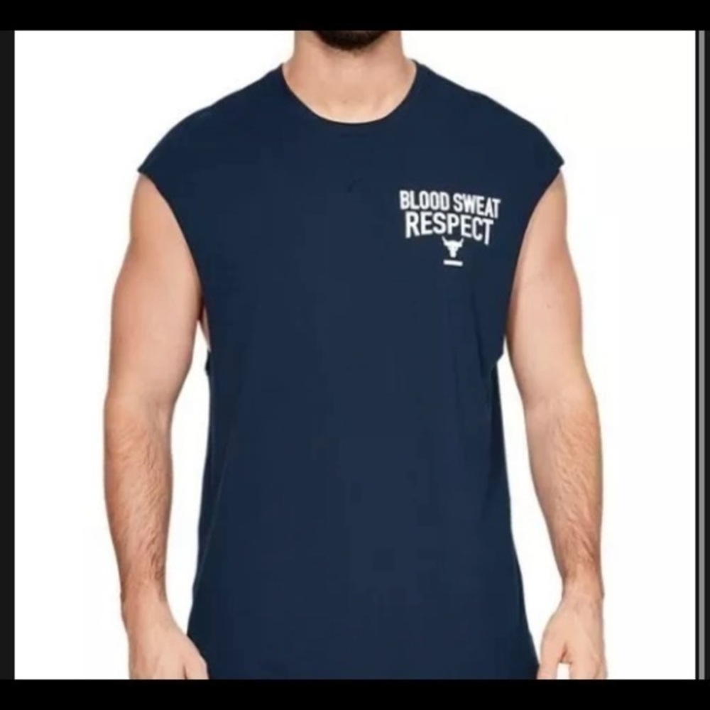 Mens Under Armour Project Rock B.S.R Cut-Off Shirt Large 1345817 408 Blue